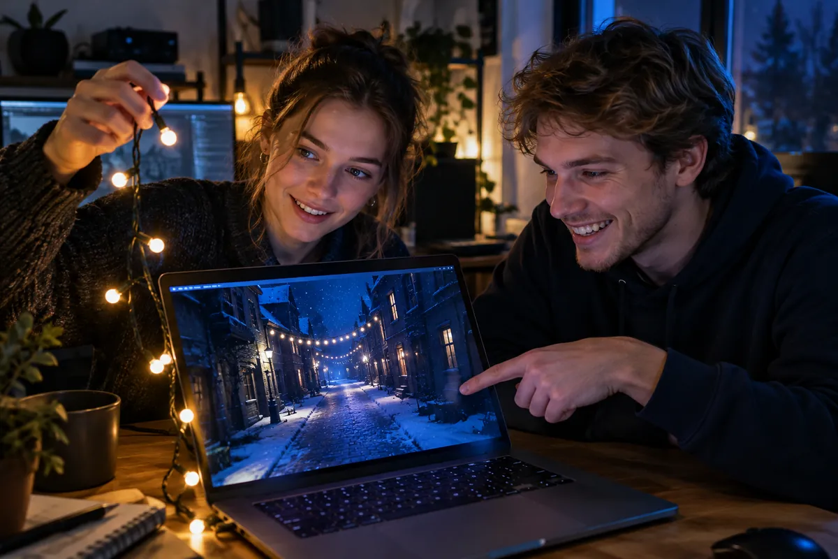 Två personer jämför en riktig ljusslinga med en snöig 3D-gata på skärmen