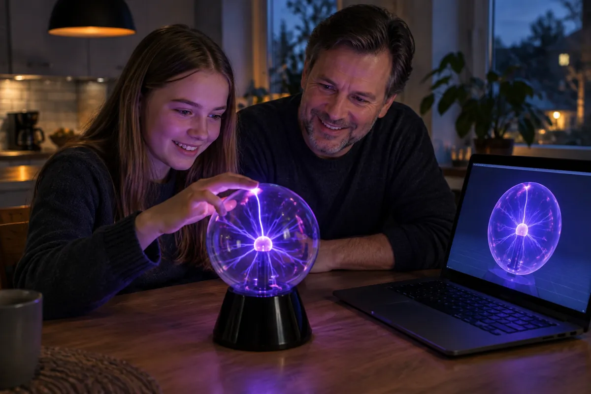En tonåring och hennes pappa jämför en riktig plasmalampa med en i 3D på datorn