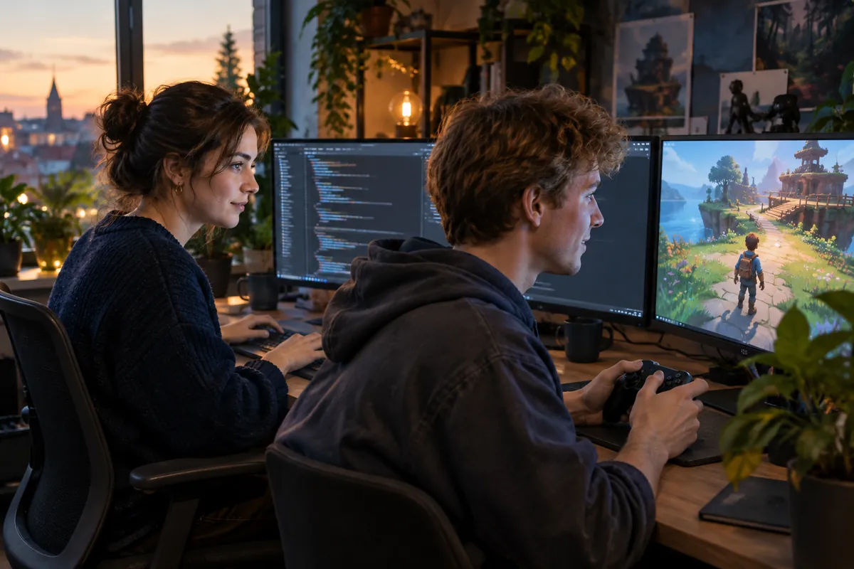 Två spelutvecklare skriver kod och testar ett 3D-spel i en spelstudio