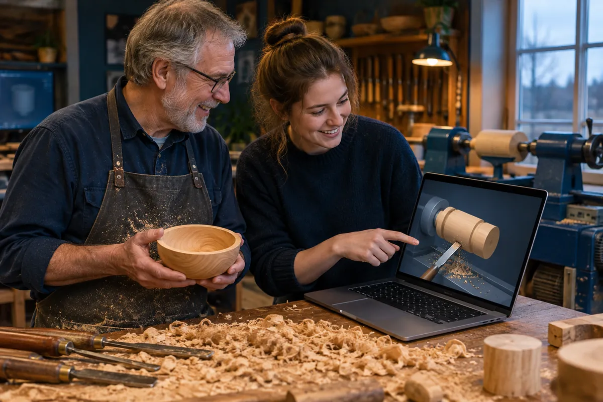En träsvarvare och en utvecklare jämför en svarvad skål med en 3D-svarv på skärmen