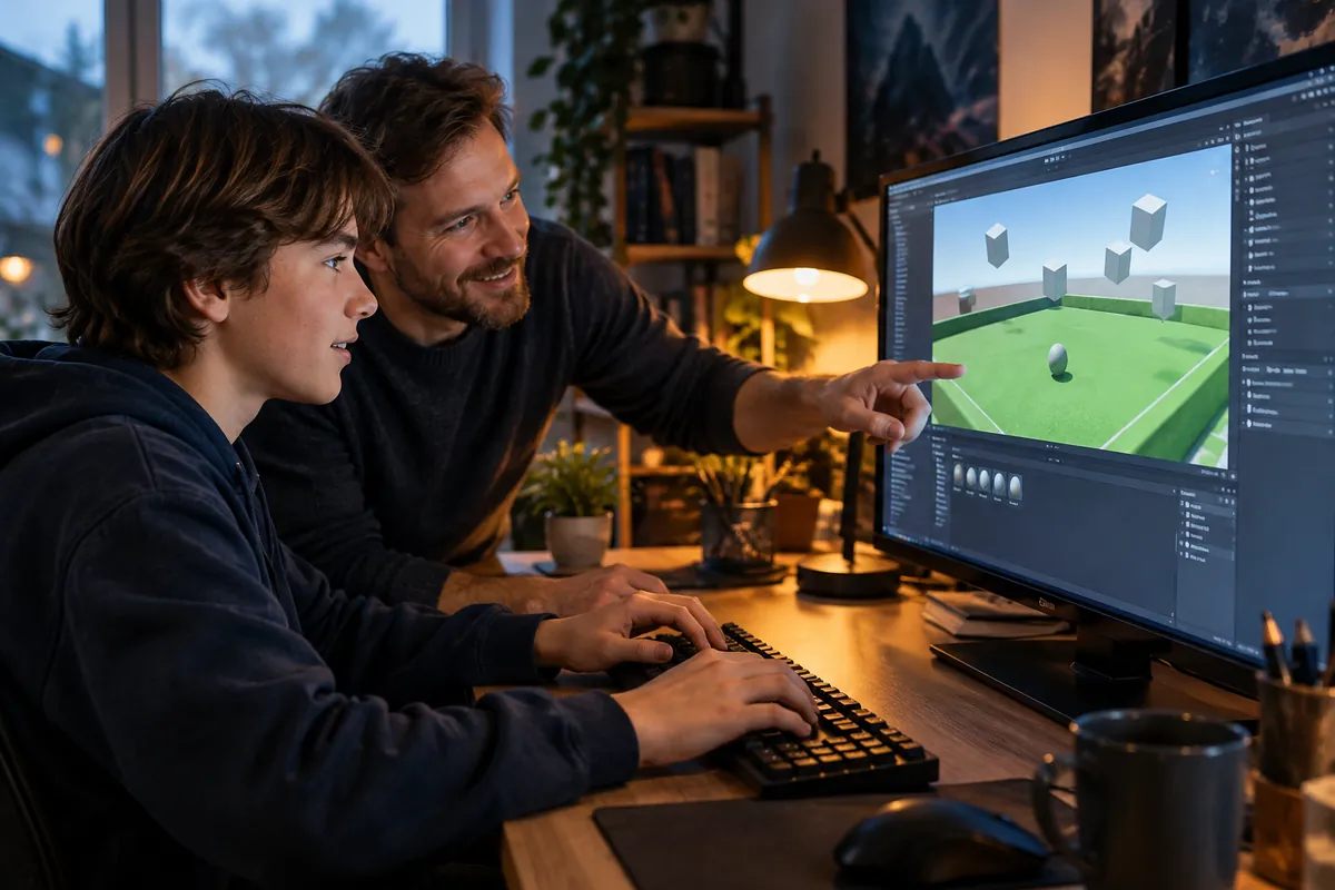 Tonåring och vuxen bygger ett enkelt 3D-spel i Unity vid ett skrivbord