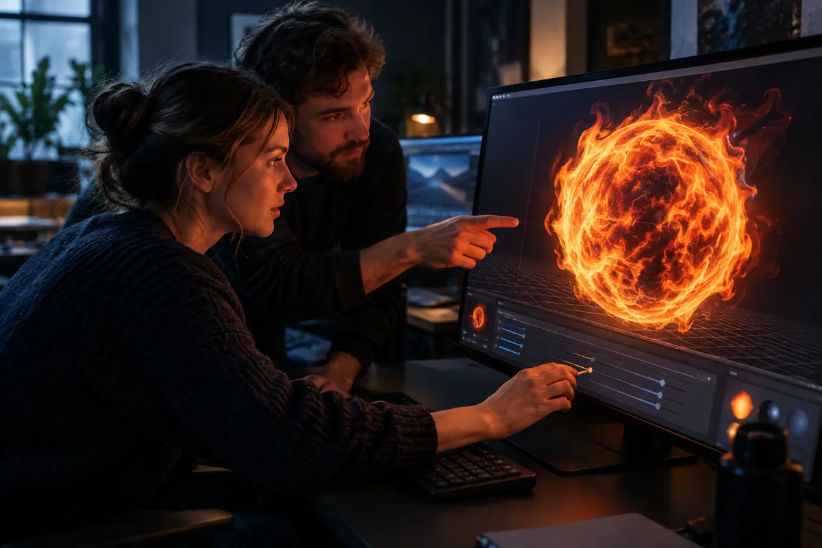 Två utvecklare justerar en brinnande sfär i en 3D-scen på skärmen