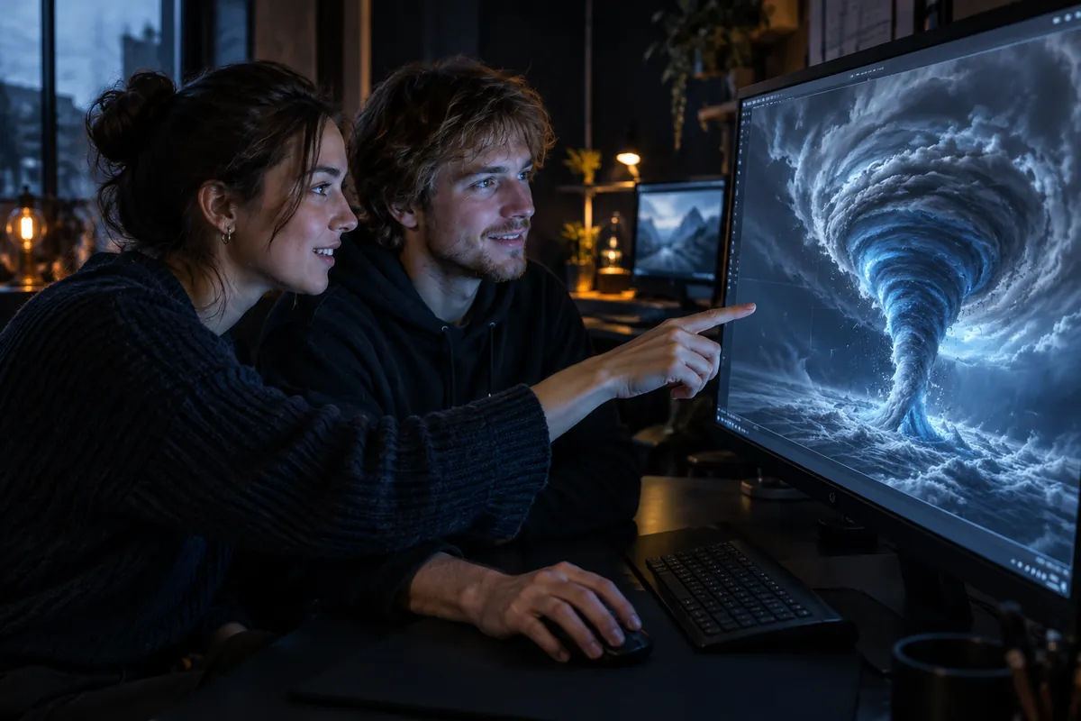 Två utvecklare tittar på en virvlande storm i 3D på en stor skärm