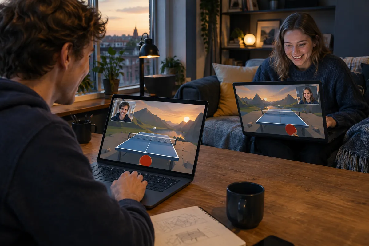Två vänner spelar ett 3D-spel mot varandra i webbläsaren över videolänk